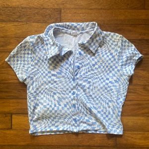 Garage light blue checkered button up crop